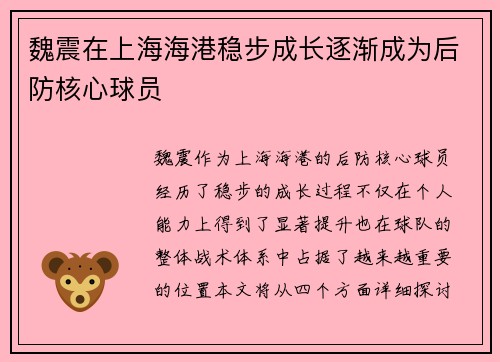 魏震在上海海港稳步成长逐渐成为后防核心球员