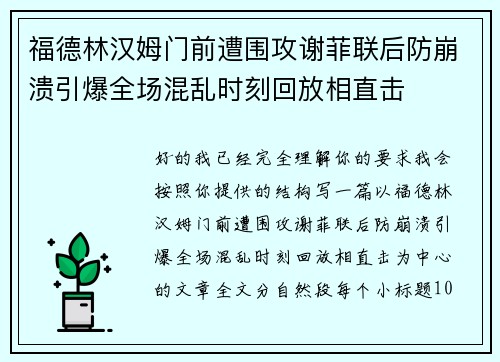 福德林汉姆门前遭围攻谢菲联后防崩溃引爆全场混乱时刻回放相直击